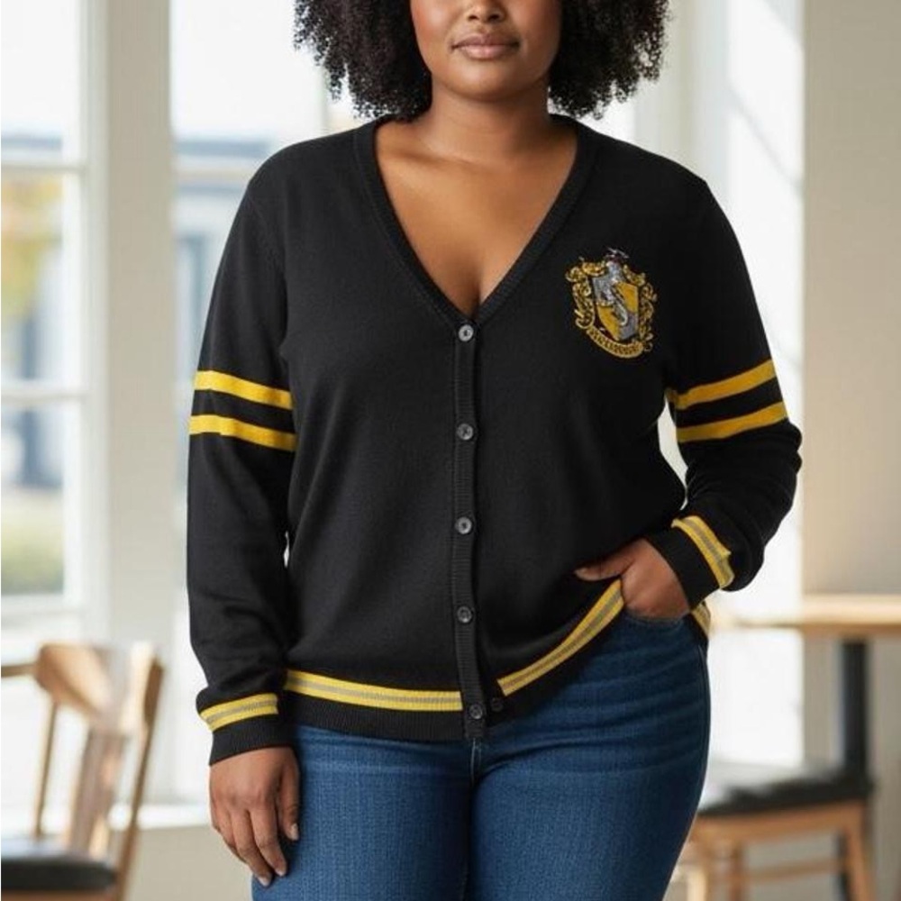 Black Hufflepuff Cardigan with Yellow Stripes and Crest
